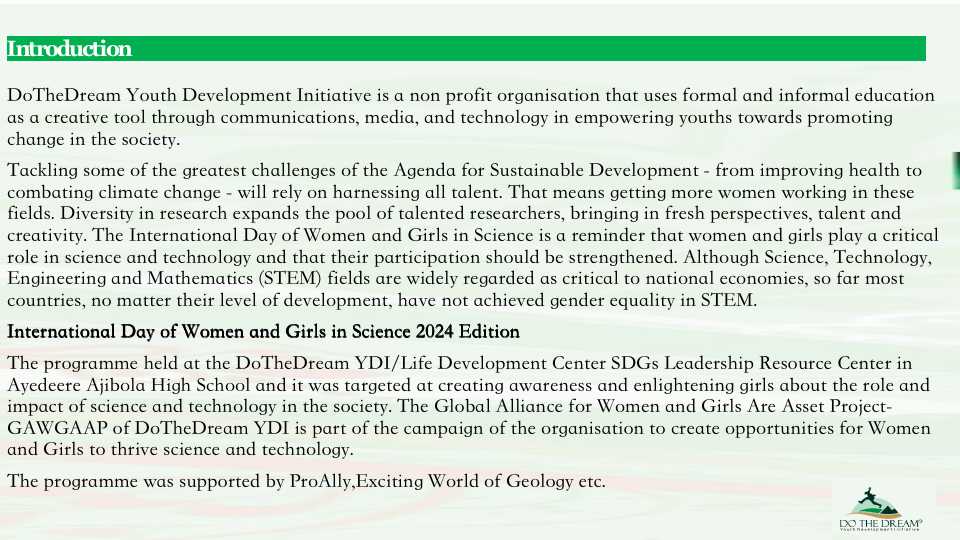 Slide2INTERNATIONAL DAY OF WOMEN AND GIRLS IN SCIENCE BY DOTHEDREAMYDI WWW.DOTHEDREAMYDI.ORG